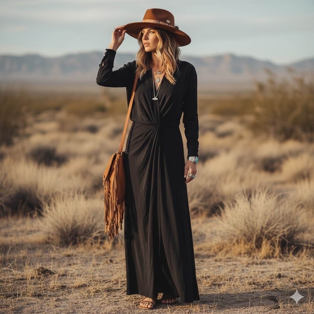 Free People Black Long Sleeve Twist Front Maxi Dress